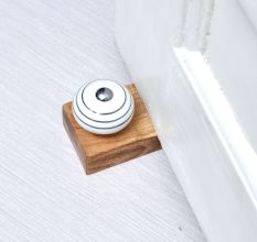 Round White & Silver Pattern Ceramic Wooden Door Stopper